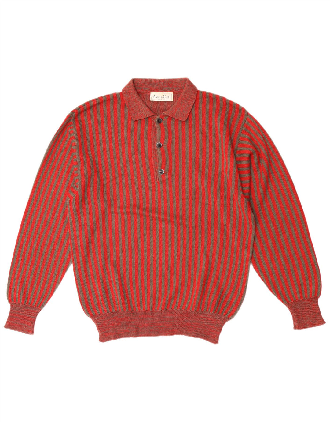 Andrea Celli Mens Polo Neck Jumper Sweater Medium Red Striped Cotton