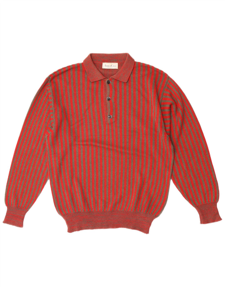 Andrea Celli Mens Polo Neck Jumper Sweater Medium Red Striped Cotton