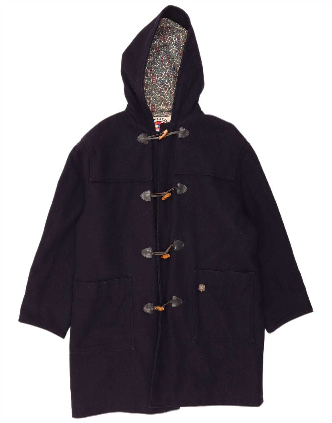 Vintage Mens Hooded Loose Fit Duffle Coat IT 48 Medium Navy Blue Wool