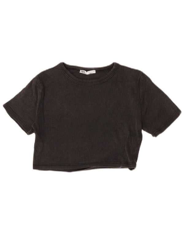 Zara Womens Crop T-Shirt Top UK 14 Large Grey Cotton