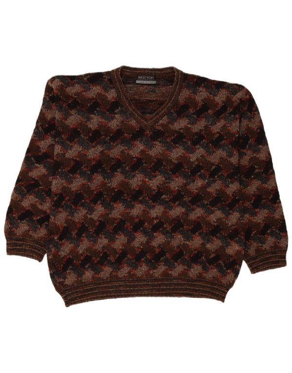 West Port Mens V-Neck Jumper Sweater Large Brown Geometric