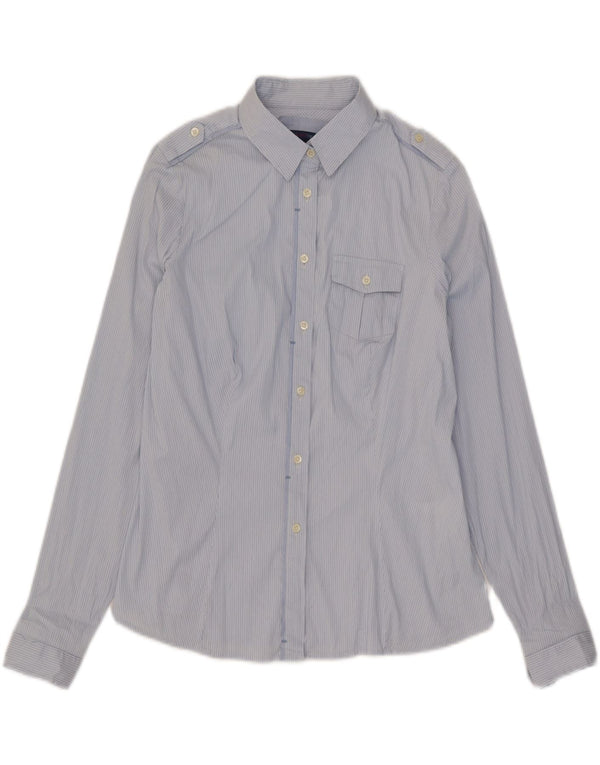 Camicia Militare Donna Trussardi Jeans UK 14 Large Blu Gessato Cotone