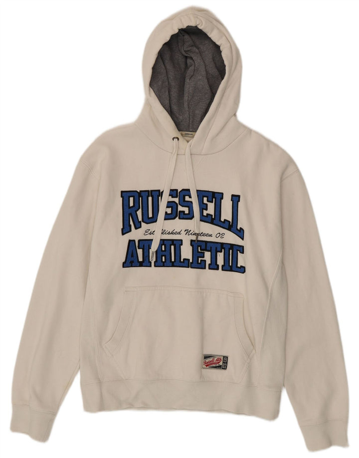 RUSSELL ATHLETIC Mens Graphic Hoodie Jumper Medium White Cotton