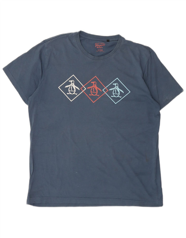 Penguin Mens Graphic T-Shirt Top XL Blue Cotton