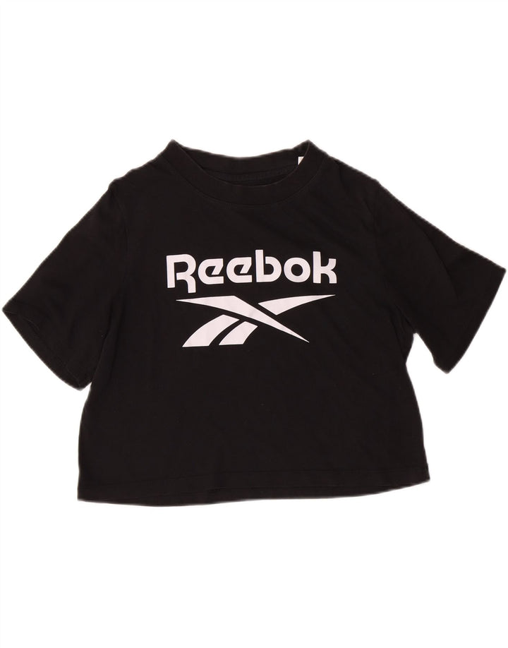 REEBOK Womens Crop Graphic T-Shirt Top UK 14 Medium Black Vintage Reebok and Second-Hand Reebok from Messina Hembry 