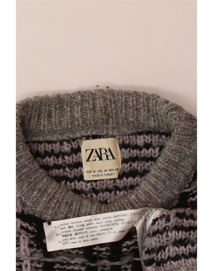 Zara Mens Crew Neck Jumper Sweater Medium Grey Check Acrylic