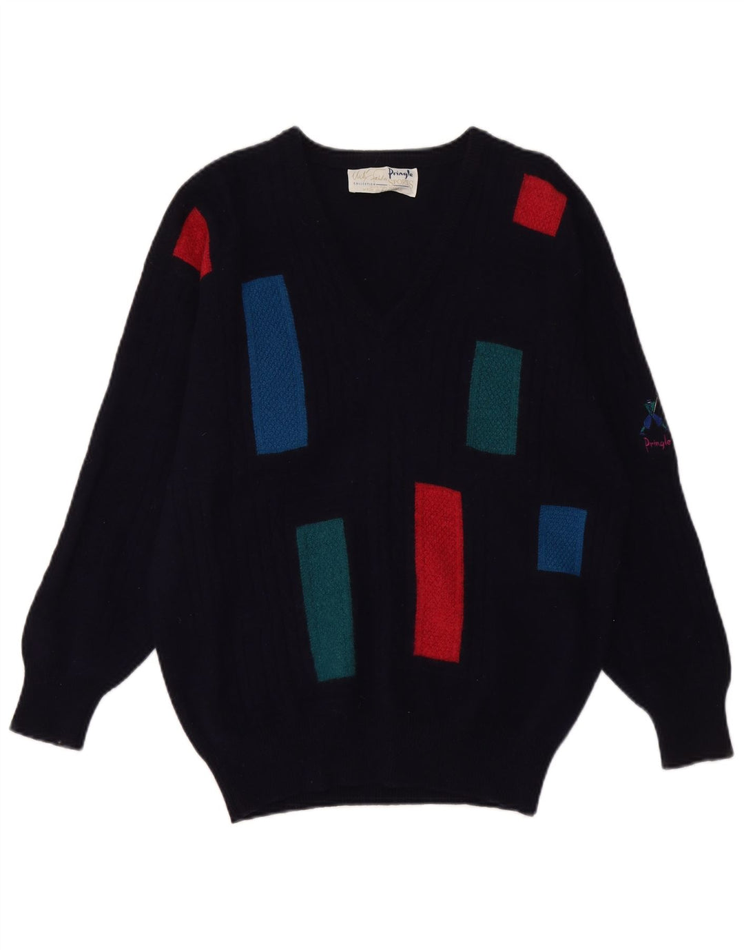 PRINGLE Womens V-Neck Jumper Sweater UK 14 Medium Navy Blue Colourblock