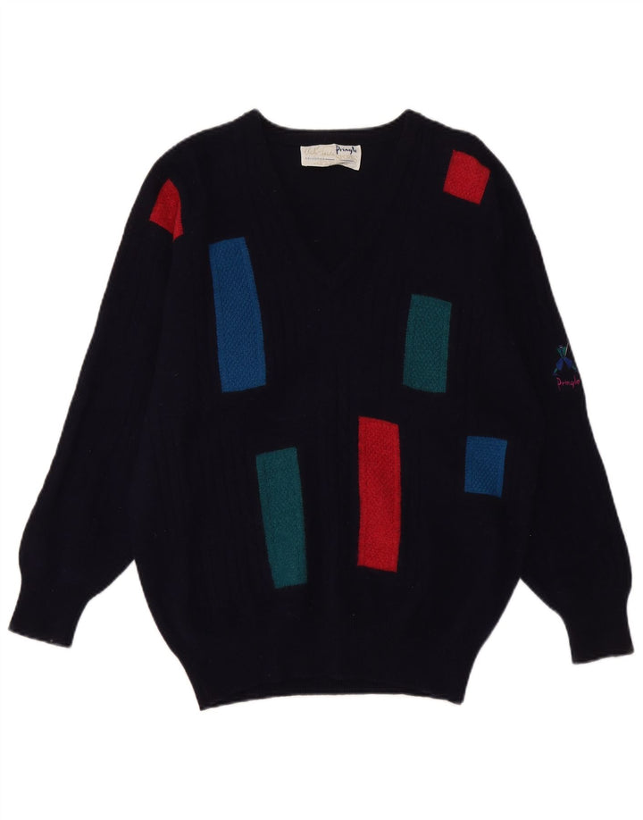 PRINGLE Womens V-Neck Jumper Sweater UK 14 Medium Navy Blue Colourblock