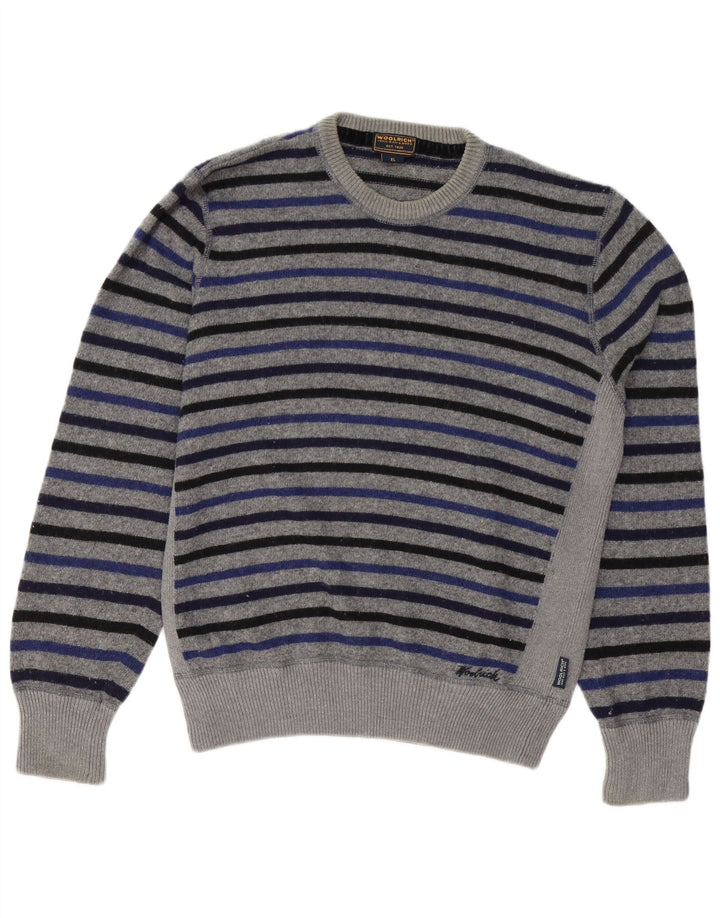WOOLRICH Mens Crew Neck Jumper Sweater XL Grey Striped Wool