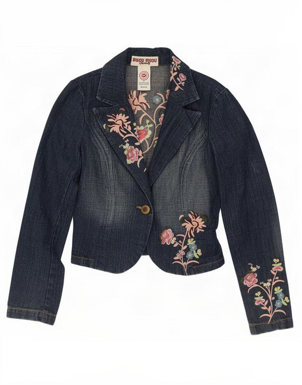 Bisou Womens Crop 1 Button Blazer Jacket UK 10 Petit Bleu Floral