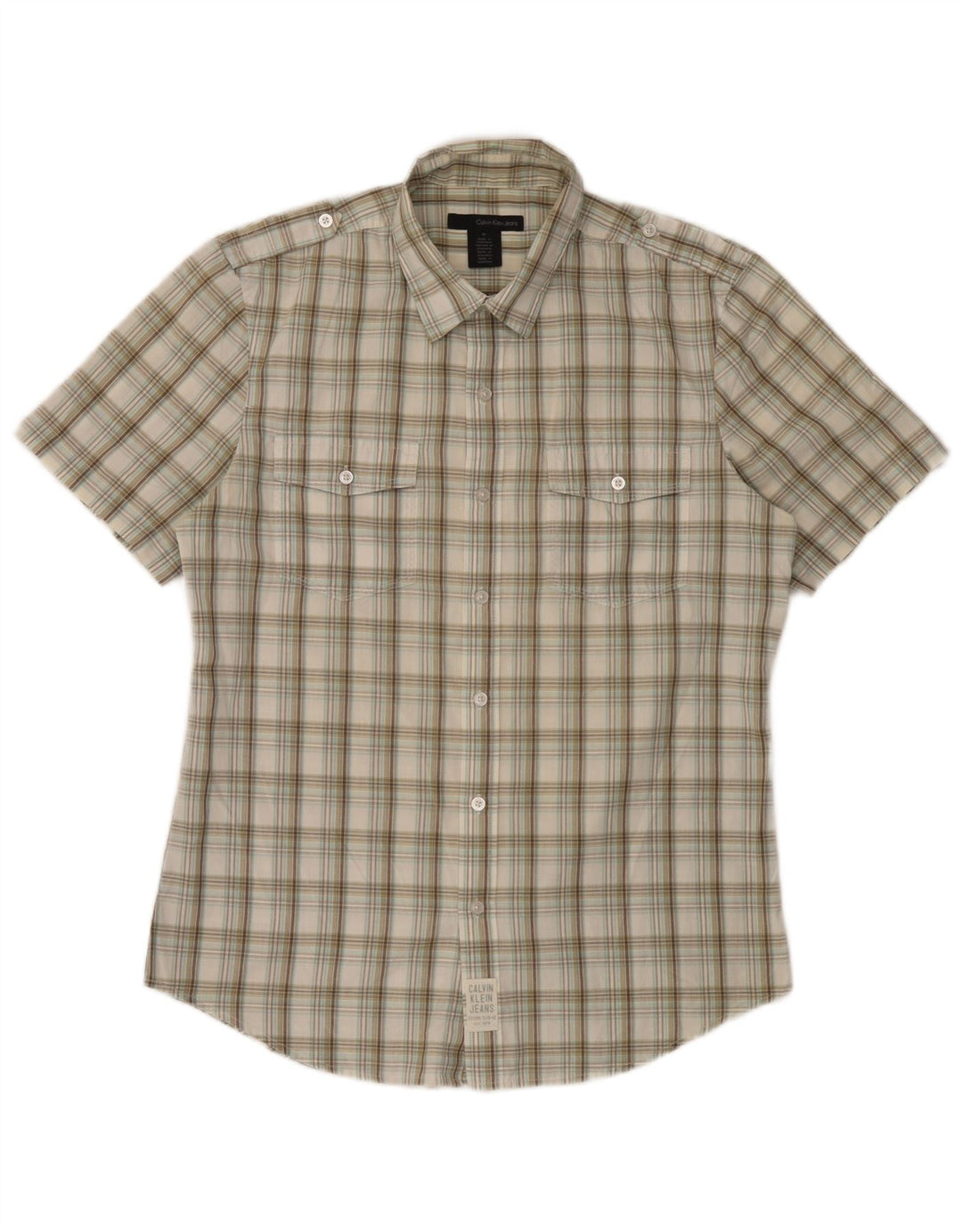 Calvin Klein Jeans Mens Short Sleeve Military Shirt Medium Beige Check