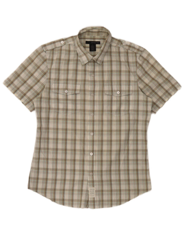 Calvin Klein Jeans Mens Short Sleeve Military Shirt Medium Beige Check
