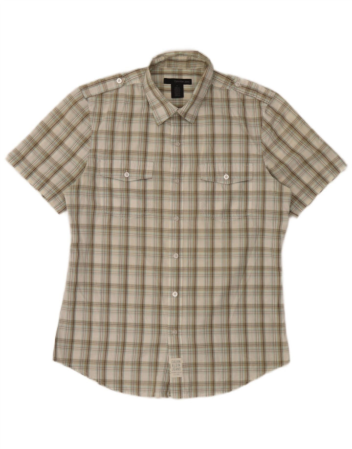 Calvin Klein Jeans Mens Short Sleeve Military Shirt Medium Beige Check