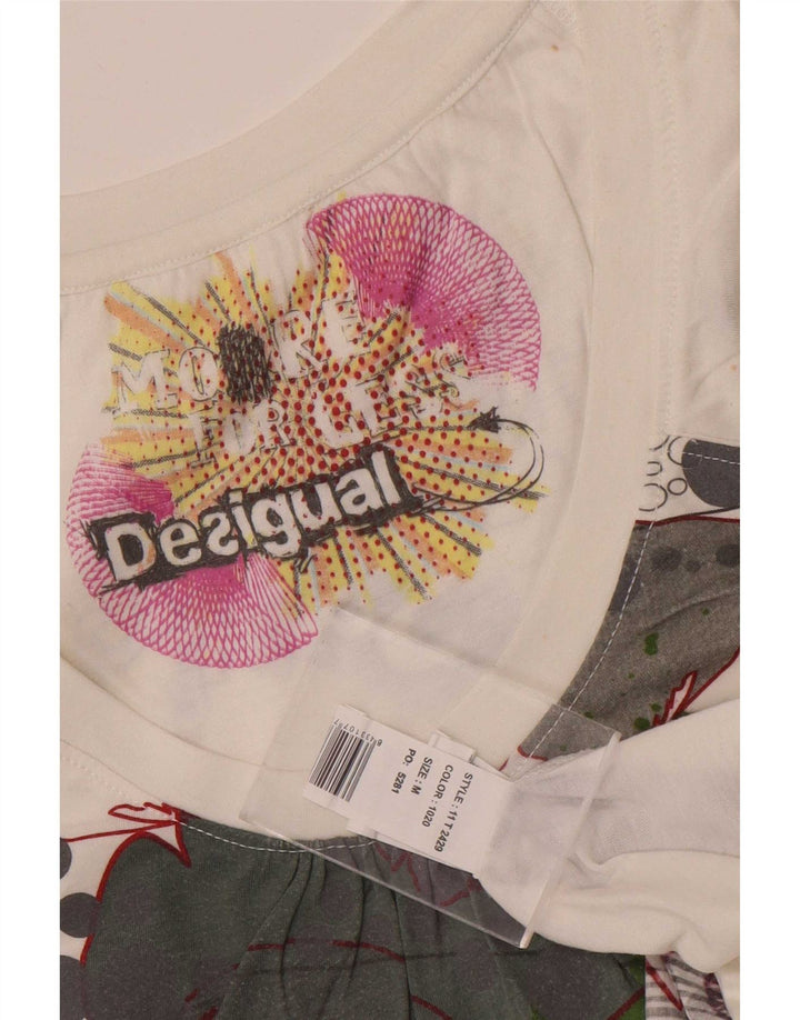 Desigual T-shirt grafica da donna Top UK 12 Medium Bianco Poliestere