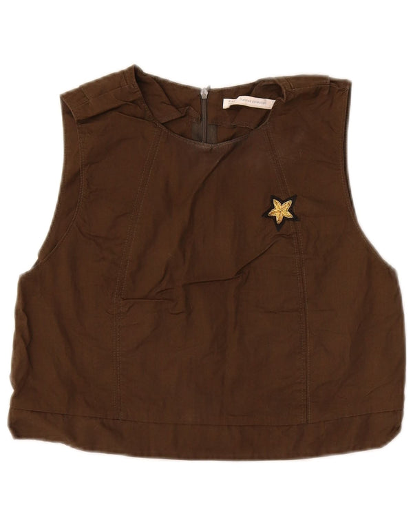Zara Damen Crop Ärmelloses Blusenoberteil UK 10 Small Braune Baumwolle