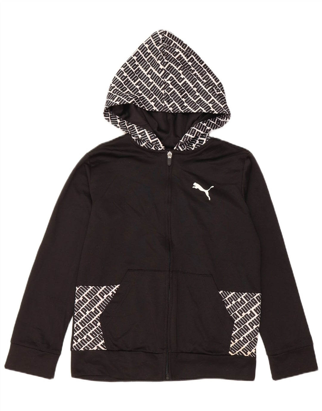 PUMA Boys Graphic Zip Hoodie Sweater 10-11 Years Medium Black Polyester