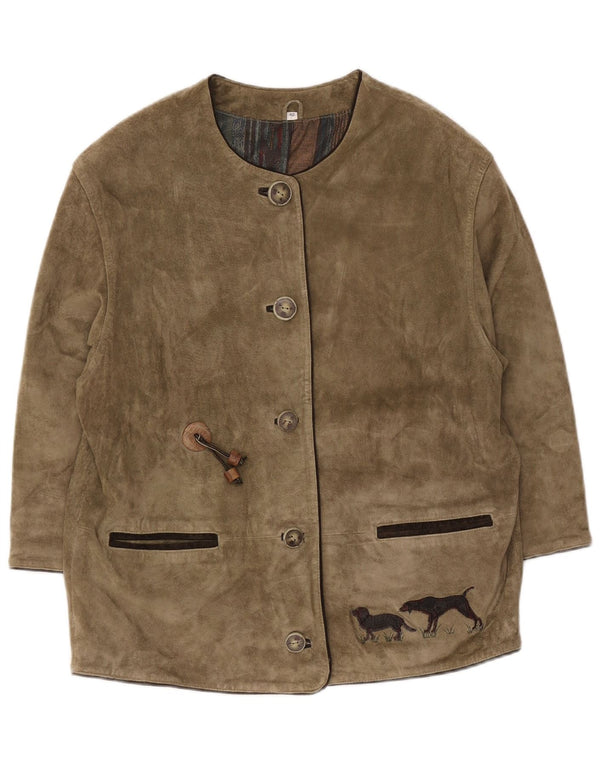 Vintage Mens Hunting Graphic Suede Jacket EU 42 Large Khaki Animal Print