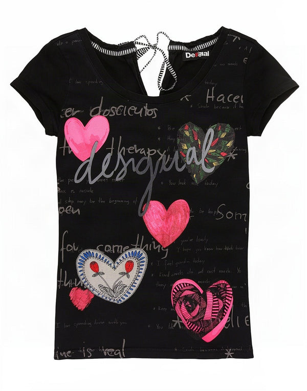 Desigual Womens Graphic T-Shirt Top UK 8 Small Black Heart
