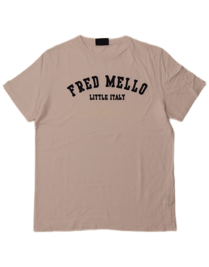 FRED MELLO Mens Graphic T-Shirt Top Large White Cotton