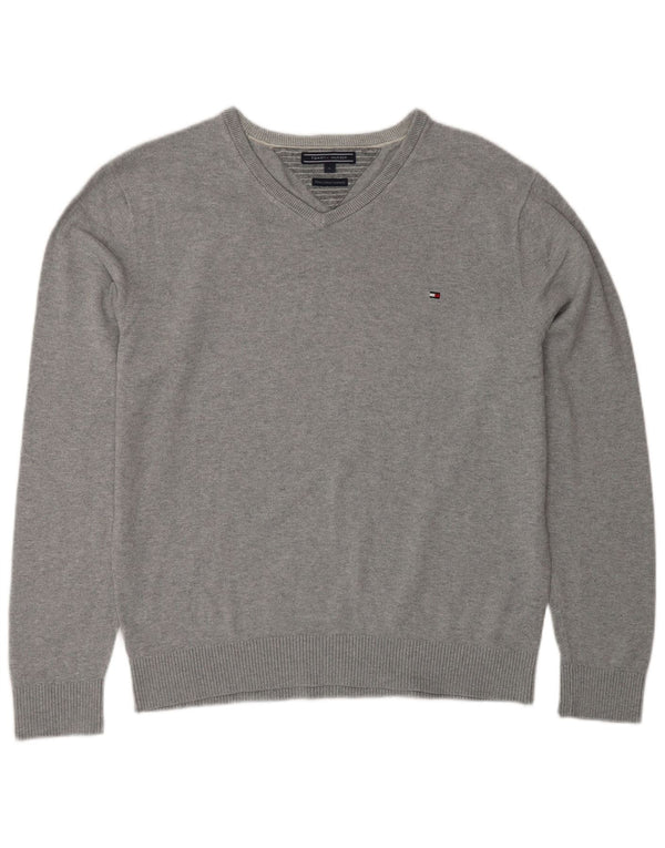 Tommy Hilfiger Mens V-Neck Jumper Sweater Large Grey Cotton