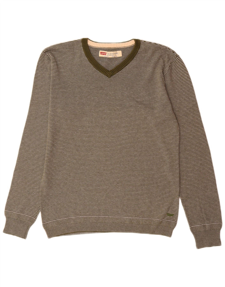 Levi's Mens Slim Fit V-Neck Jumper Sweater Medium Green Pinstripe