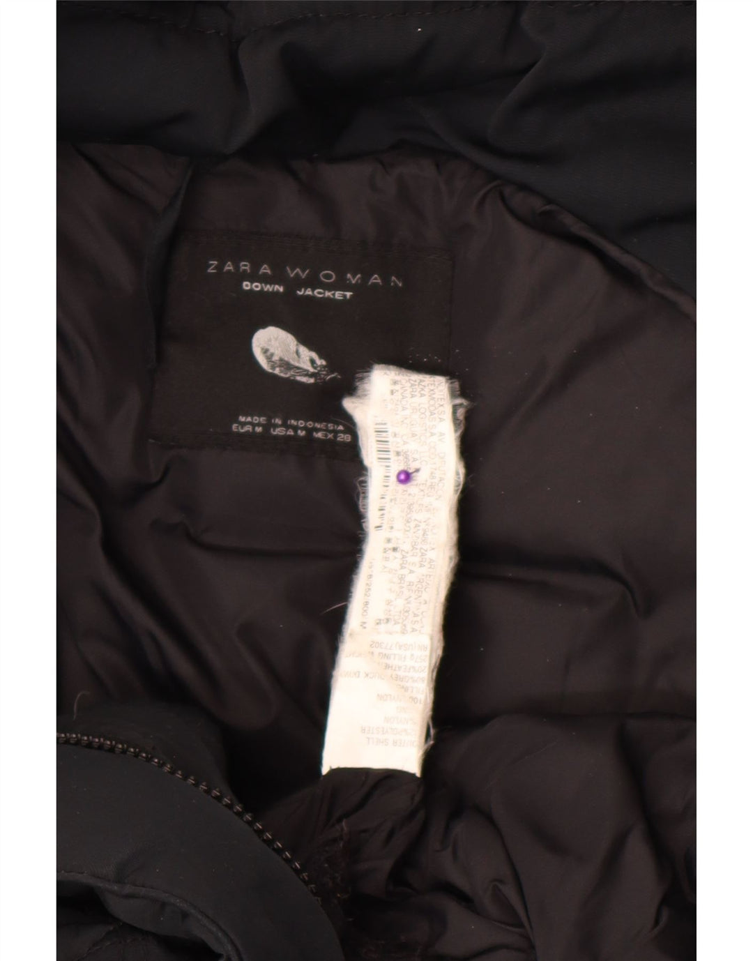 Zara Dame Hætte Polstret Frakke UK 12 Medium Sort Nylon