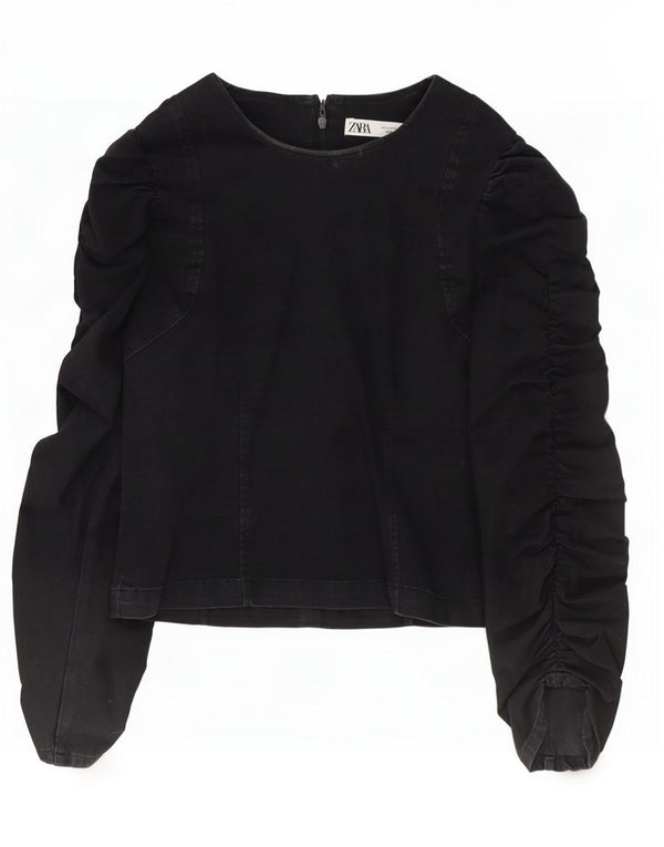 Zara Womens Long Sleeve Blouse Top UK 10 Small Black Cotton
