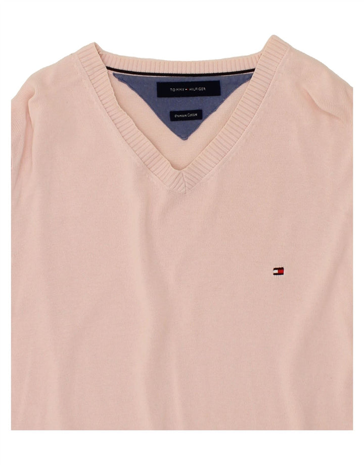 TOMMY HILFIGER Mens V-Neck Jumper Sweater Small Pink Cotton Vintage Tommy Hilfiger and Second-Hand Tommy Hilfiger from Messina Hembry 