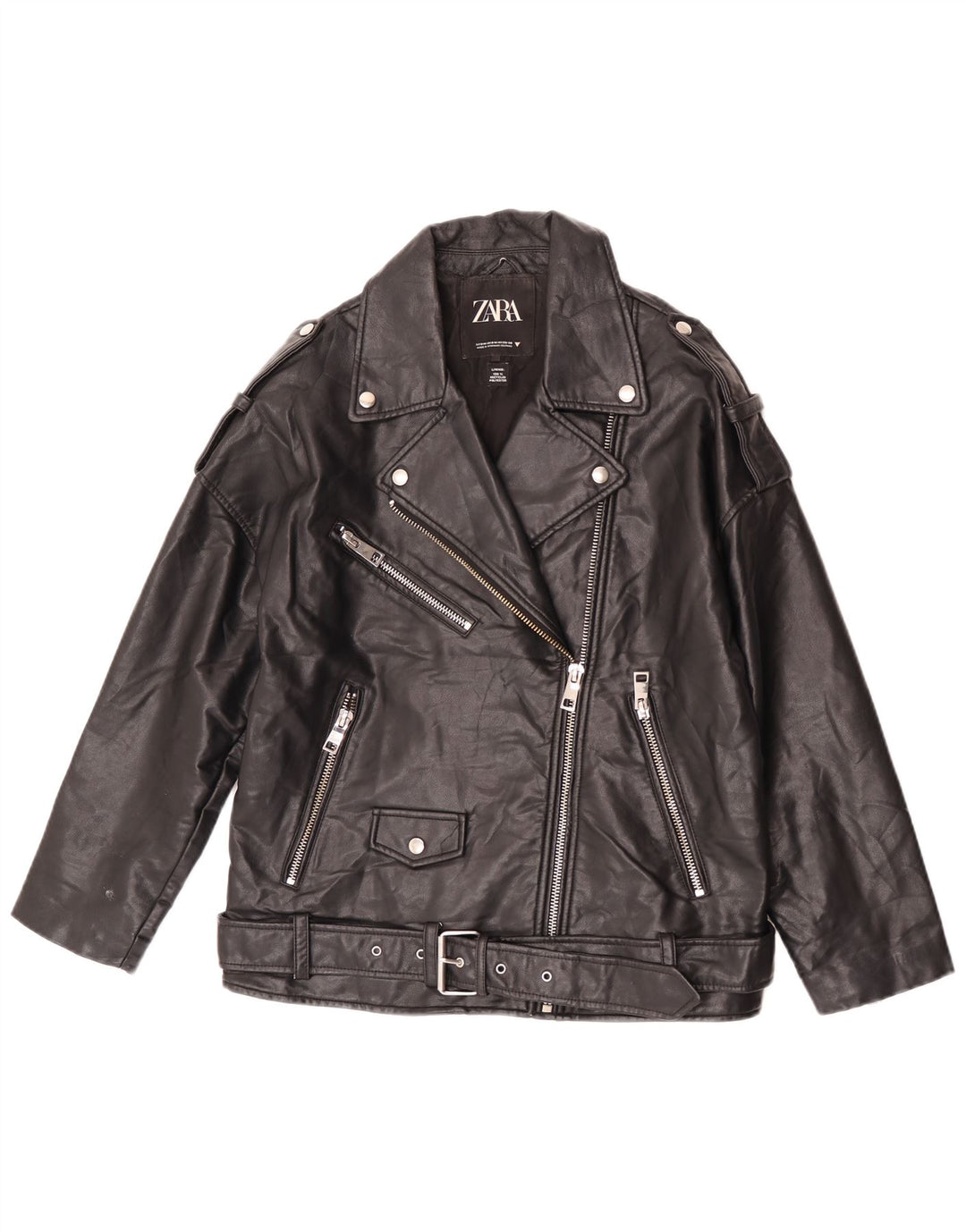 Zara Womens Oversized Faux Leather Biker Jacket UK 10 Small Black Polyester