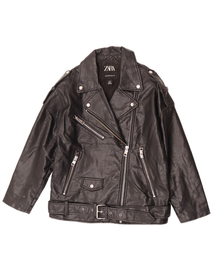Zara Womens Oversized Faux Leather Biker Jacket UK 10 Small Black Polyester