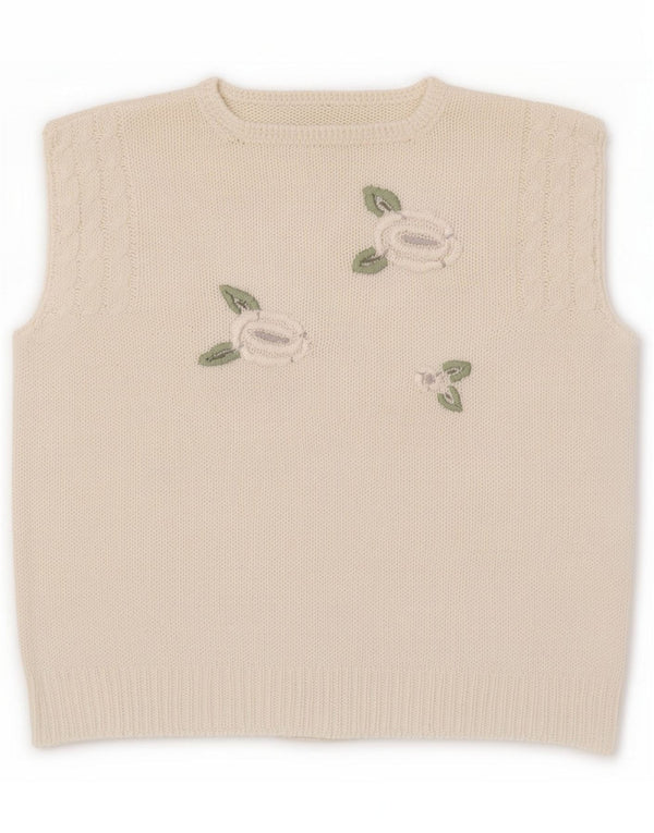 Vintage Damen Crop Vest Tank Top UK 14 Large White Floral