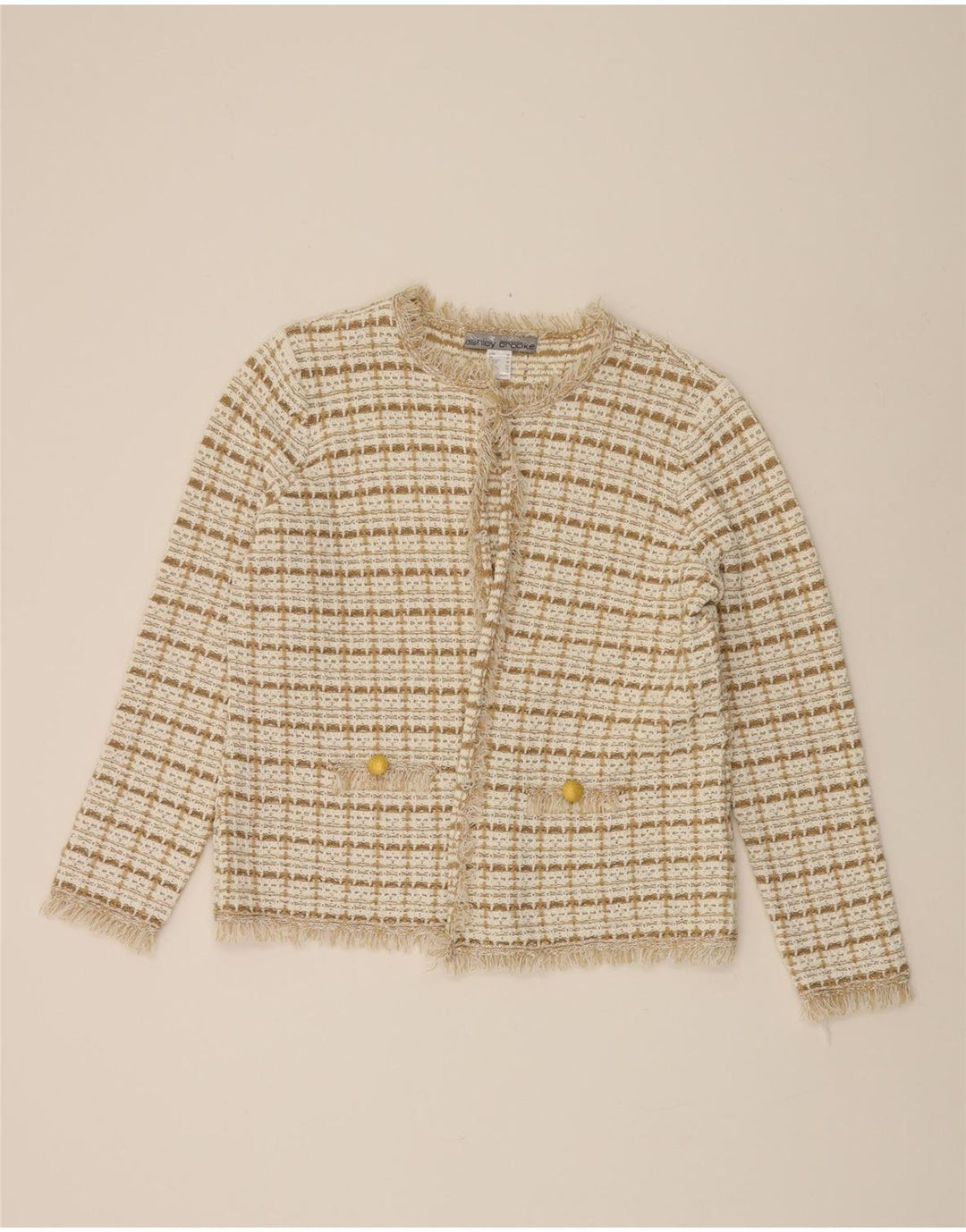 ASHLEY BROOKE Womens Open Cardigan Sweater UK 20 2XL Beige Check Polyester Vintage Ashley Brooke and Second-Hand Ashley Brooke from Messina Hembry 