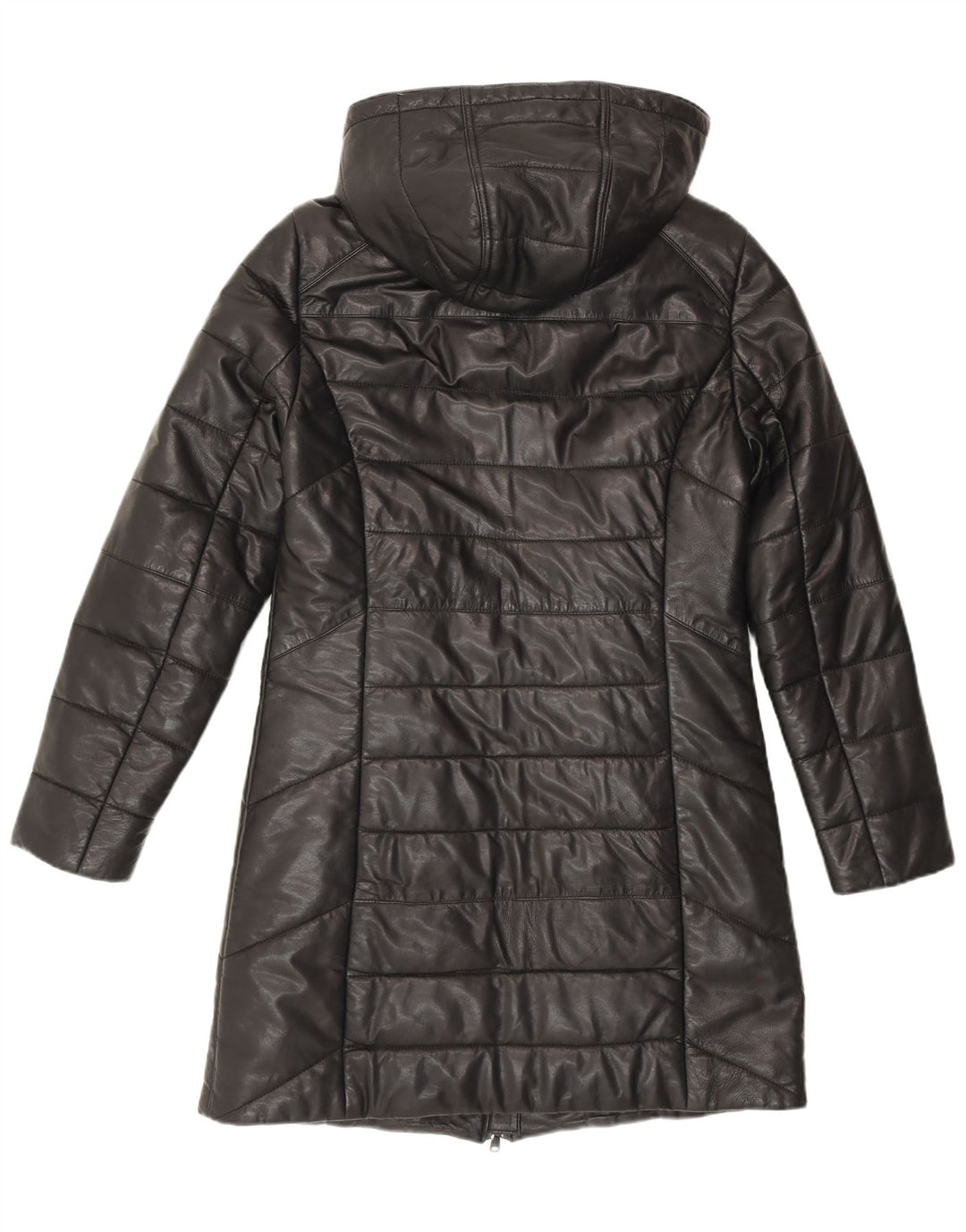Maddox Womens Hooded Leather Padded Coat UK 12 Medium Black Leather