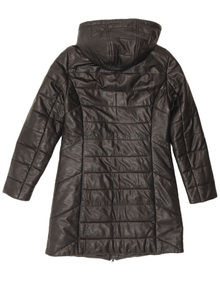 Maddox Womens Hooded Leather Padded Coat UK 12 Medium Black Leather