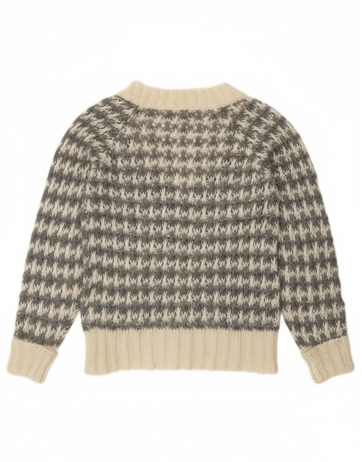 Benetton Damen-Pullover mit V-Ausschnitt, Gr. 14, Mittelgrau mit Hahnentrittmuster