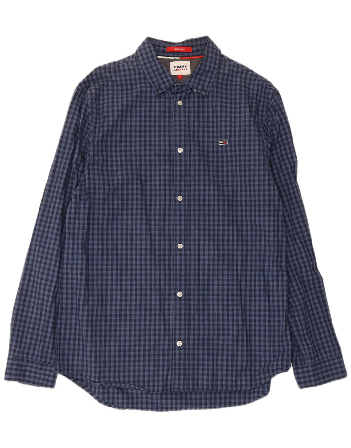 Tommy Hilfiger Mens Regular Fit Shirt Large Navy Blue Gingham Cotton
