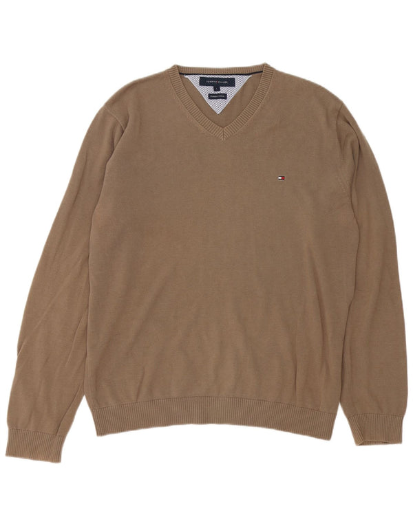 Tommy Hilfiger Mens V-Neck Jumper Sweater Large Brown Cotton