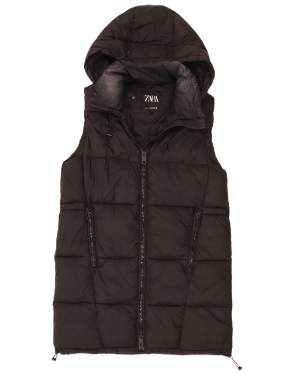 Zara Mujer Chaleco Largo Acolchado De Gran Tamaño Con Capucha UK 44 Medium Black Nylon