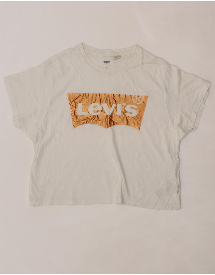 LEVI'S Womens Crop Oversized Graphic T-Shirt Top UK 6 XS White Cotton Vintage Levi's and Second-Hand Levi's from Messina Hembry 