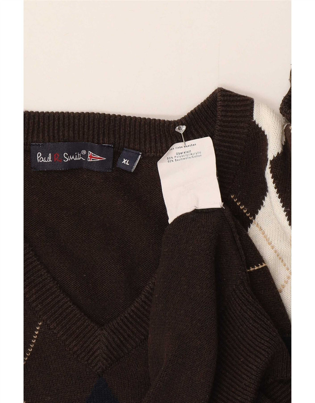 Paul Smith Mens V-Neck Jumper Sweater XL Brown Argyle/Diamond