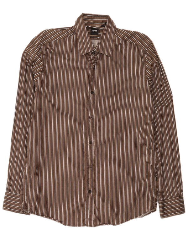 Camisa masculina Hugo Boss de algodão listrado marrom médio