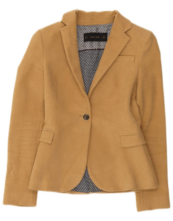 Zara Womens 1 Button Blazer Jacket UK 6 XS Brown Cotton