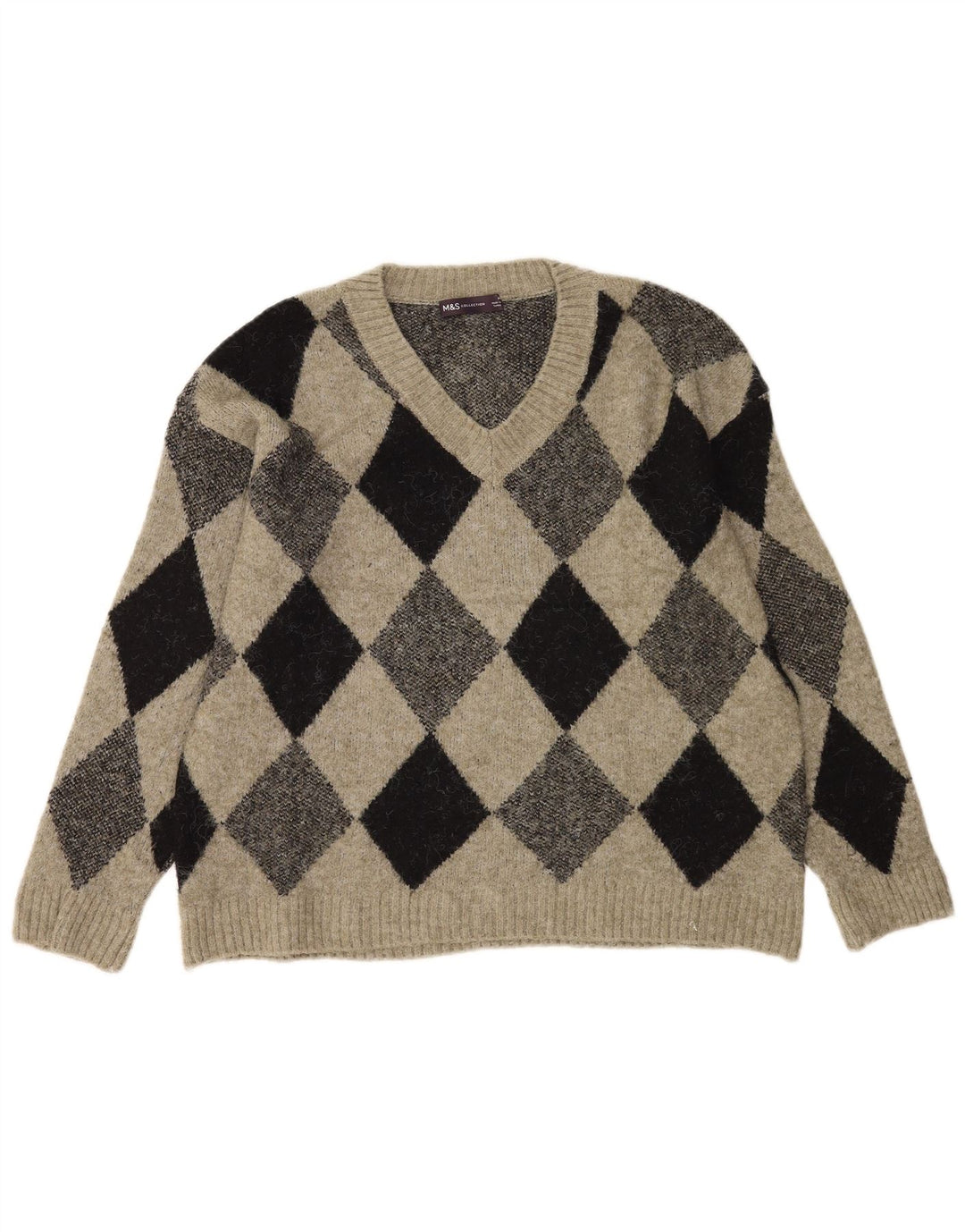 Marks & Spencer Mens V-Neck Jumper Sweater Medium Khaki Argyle/Diamond