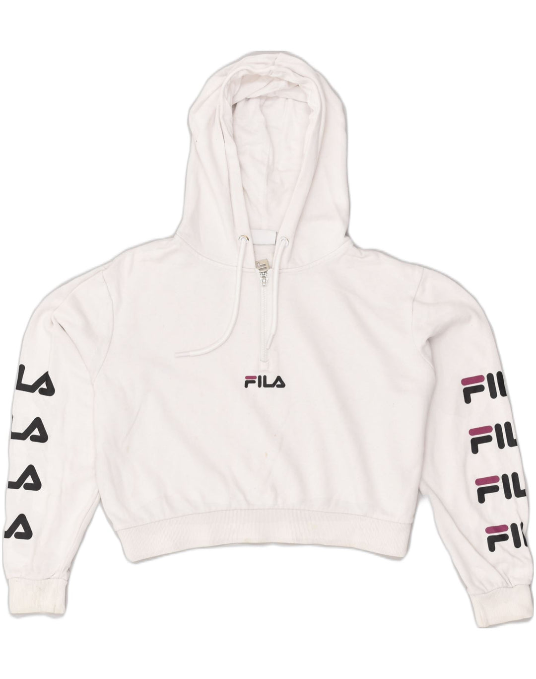 FILA Womens Crop Graphic Hoodie Jumper UK 12 Medium White Cotton | Vintage Fila | Thrift | Second-Hand Fila | Used Clothing | Messina Hembry 