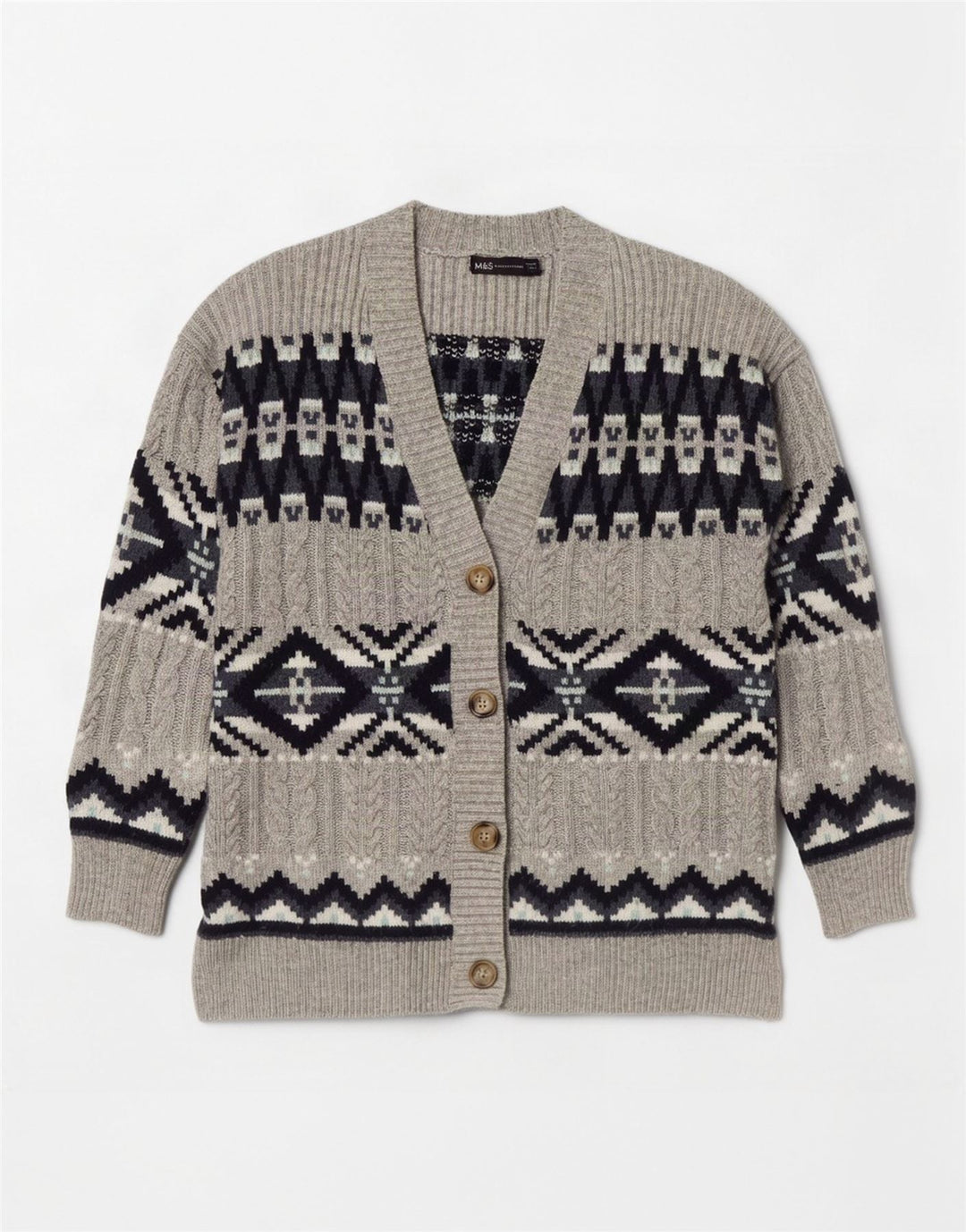 Marks & Spencer Damski sweter rozpinany UK 14 Średni szary Fair Isle