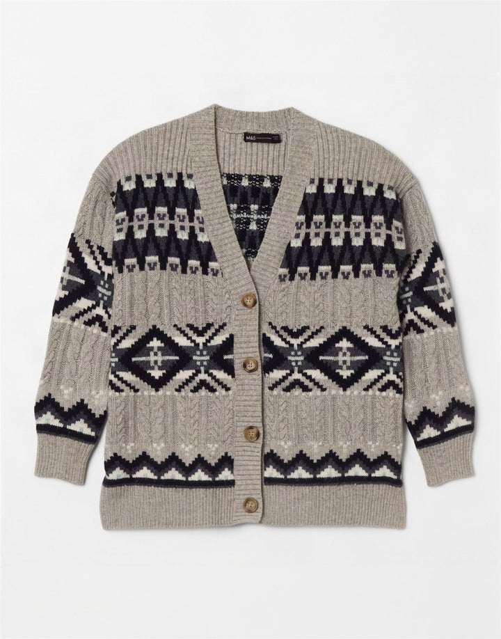 Marks & Spencer Damski sweter rozpinany UK 14 Średni szary Fair Isle