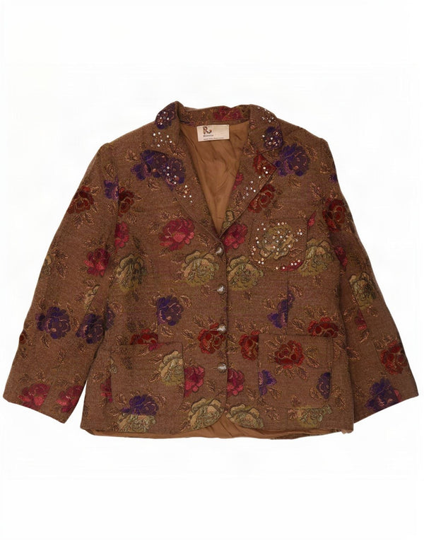 Jaqueta Blazer Feminina Romano com 4 Botões Reino Unido 16 Grande Acetato Floral Marrom