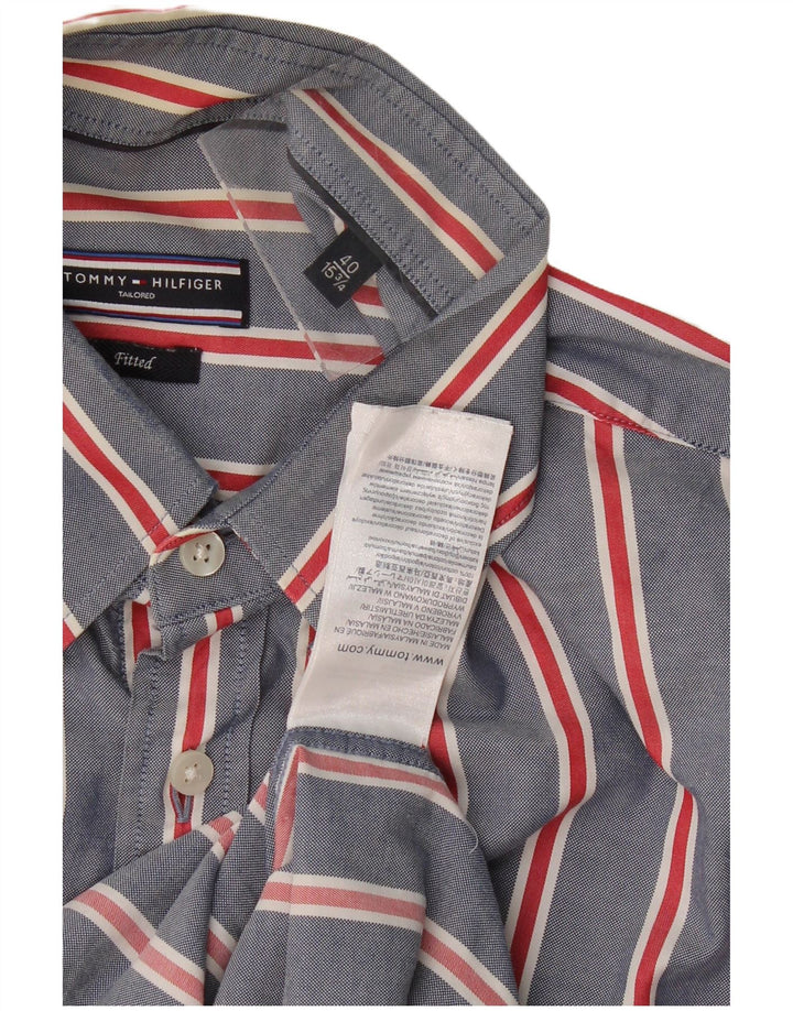 TOMMY HILFIGER Mens Fitted Shirt Size 15 3/4 Medium Navy Blue Striped