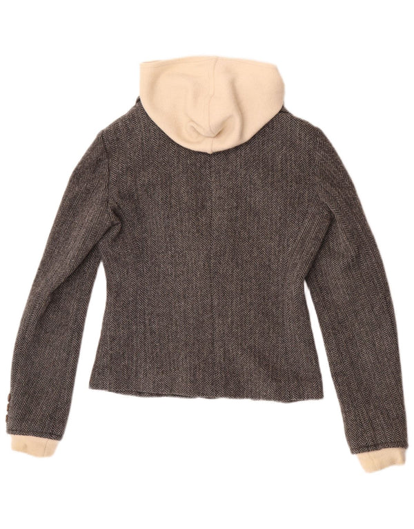riche Veste blazer à capuche 1 bouton pour femme UK 10 Petit chevron gris