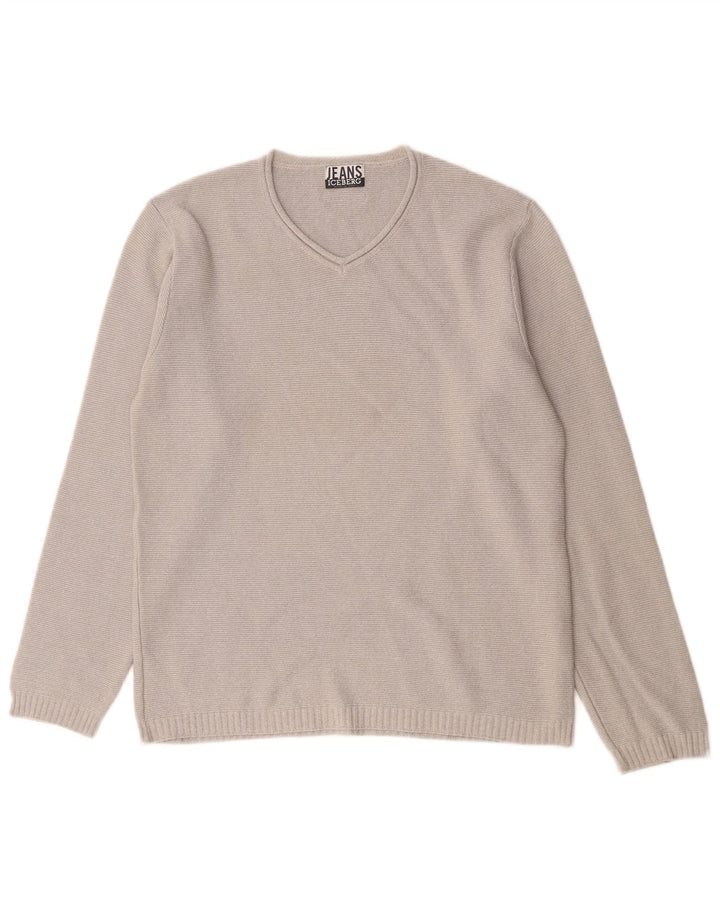 Iceberg Mens V-Neck Jumper Sweater Medium Grey Cotton